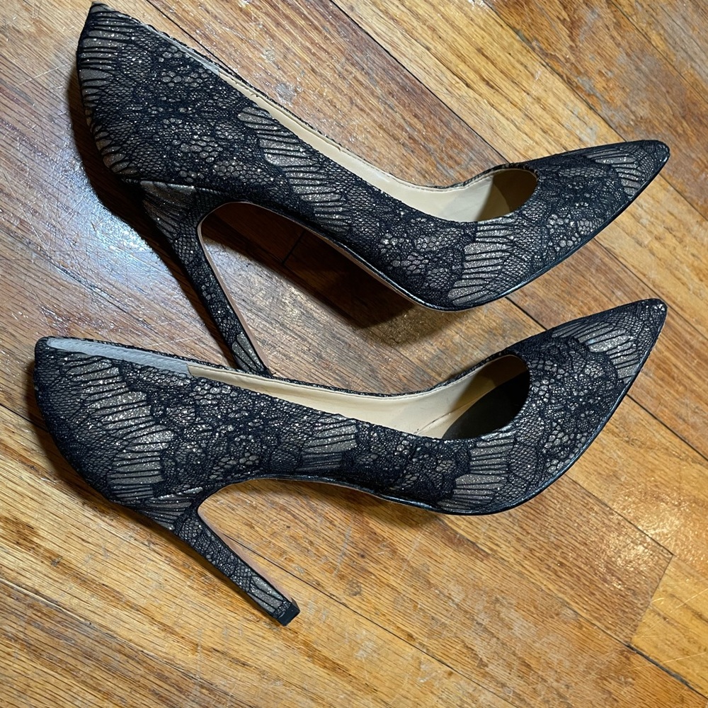 Gold glitter black lace 4in Ivanka Trump heels with leather sole
